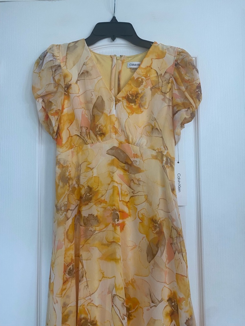 Calvin Klein Yellow Floral V-Neck Puff Sleeve Dress